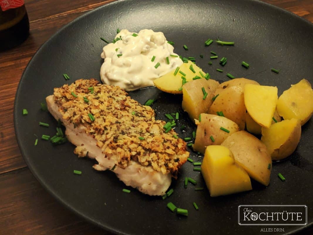 Seelachsfilet unter Panko-Senf-Kruste mit Pellkartoffeln und ...