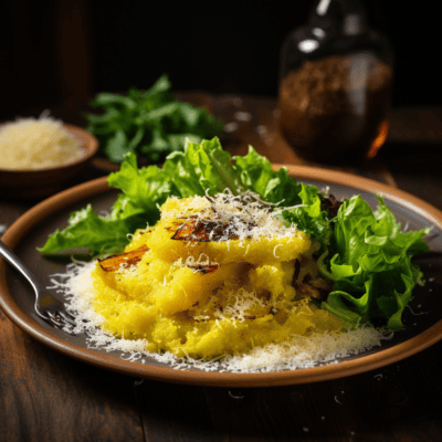 Polenta alla Trentina mit Parmesan, Sardellen und grünem Salat